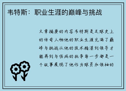 韦特斯：职业生涯的巅峰与挑战