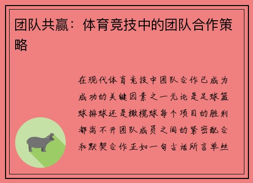 团队共赢：体育竞技中的团队合作策略